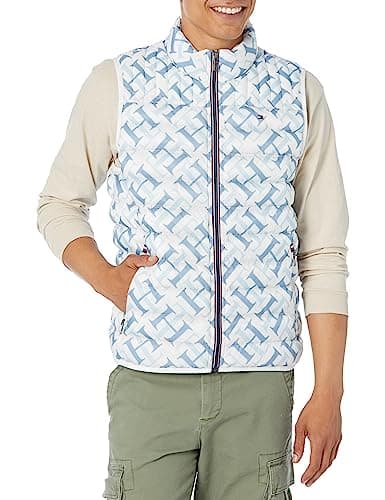 Tommy Hilfiger Men's Lightweight Ultra Loft Quilted Puffer Vest (Standard and Big & Tall), White Blue TH Logo, XX-Large