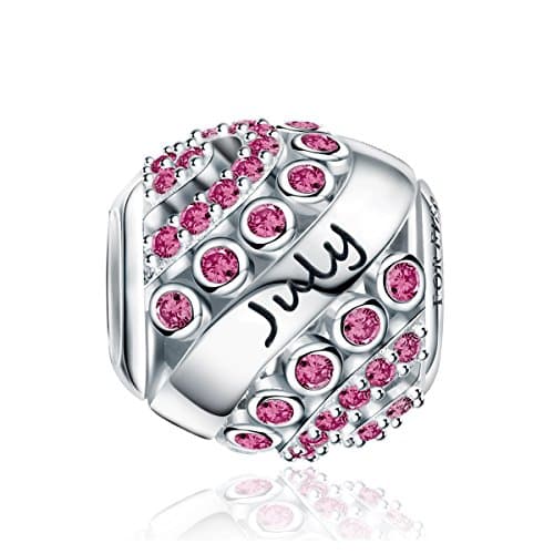 FOREVER QUEEN Birthstone Charms Bracelet & Necklace - 925 Sterling Silver Openwork Bead Charms, Happy Birthday (July Birthstone)