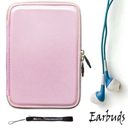 eBigValue Pink Smooth Carbon Fiber Durable Slim Protective Eva Storage Cover Cube Carrying Case with Mesh Pocket for Kindle Fire Full Color 7 inch, Wi Fi and an Hand Strap Key Chain and Earbuds