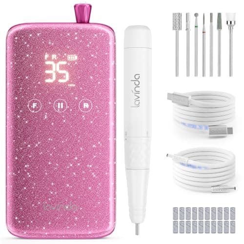 Lavinda Professional Nail Drill, 35000RPM Cordless E-File, Sparkling Pink