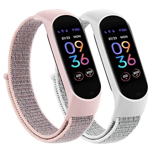 Wanme Nylon Bands for Amazfit Band 5 Replacement Strap Women Men, 2 Pack Soft Nylon Sport Strap Compatible with Amazfit Band 5 Wristband Watchband Accessories (Pink Sand+Seashell)
