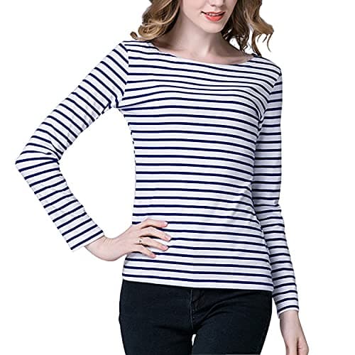 Tulucky Women's Casual Long Sleeve Shirts Stripe Tees Round Neck Tank Tops(WhiteDarkblue,XXL)