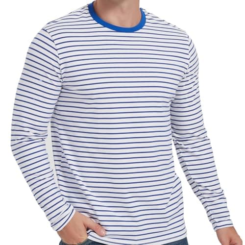 Men's Casual Black White Striped T-Shirt Long Sleeve Crewneck Basic Tee