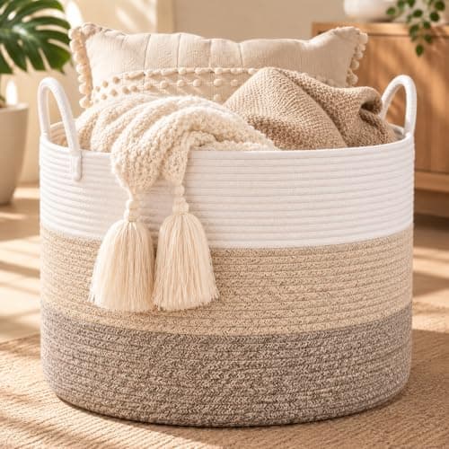 Degeyoyo Large Woven Blanket Basket, 67L Cotton Rope Laundry Basket