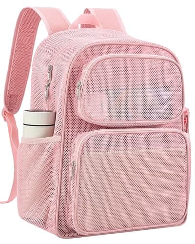 MAY TREE Mesh Backpack, Heavy Duty Large Capacity Beach Bag, Princess Pink