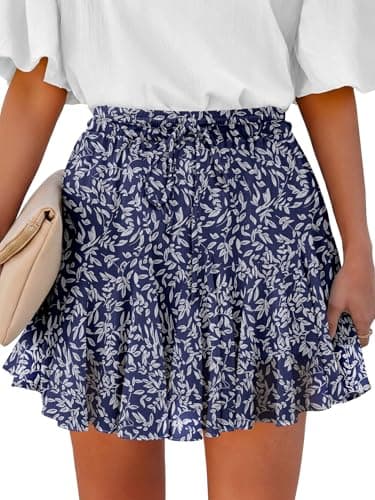 Caracilia Flowy Skorts for Women Summer High Waist Ruffle Pleated Boho Mini Skirts 2026 Casual Chiffon Beach Short Skirt Navy Blue White Leaf Medium