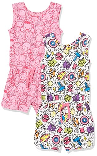 Amazon Essentials Girls' Knit Sleeveless Rompers, Pack of 2, Festive Marvel - Kids, Large