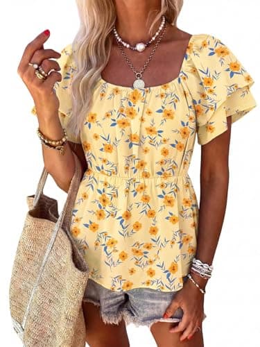 Women's Summer Peplum Tops Square Neck Ruffle Trim Short Sleeve Blouse Smocked Top Dressy Casual Shirts YellowFlower M