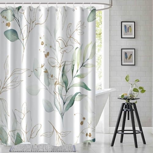 Ruelvth Eucalyptus Shower Curtain, Spring Sage Green and Gold Abstract Leaves Shower Curtain Set for Bathroom Waterproof Fabric Watercolor Botanical Bathroom Decor with Hooks, 72x84 Inch