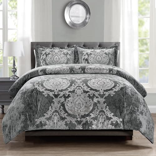 Sunshine Nicole Metallic Print Comforter Set, Distressed Velvet Face with Metallic Foil Print and Brushed Solid Microfiber Reverse, with Light Weight Soft Poly Fill, 3 Pieces Damask Grey Silver, Queen