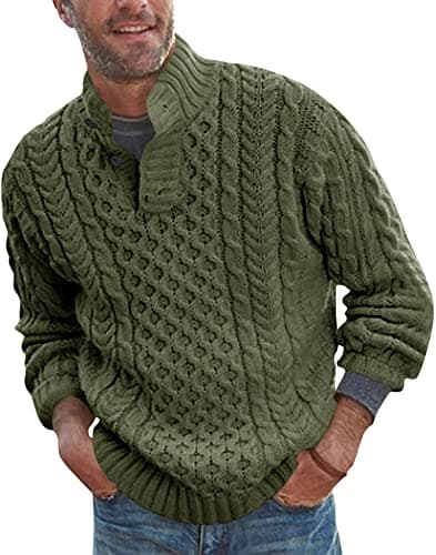 Bbalizko Mens Stand Collar Pullover Sweater Cable Knitted Chunky Winter Fashion Buttons Twisted Thermal Sweaters Green