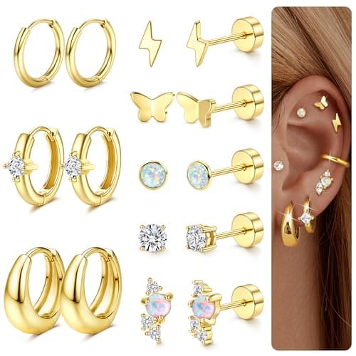 FUNRUN JEWELRY Hypoallergenic Flat Back Earrings for Women Surgical Stainless Steel Earring Sets for Sensitive Ear Small Stud Hoop Cartilage Earrings Flatback Stud Earring Stacks for Multiple Piercing