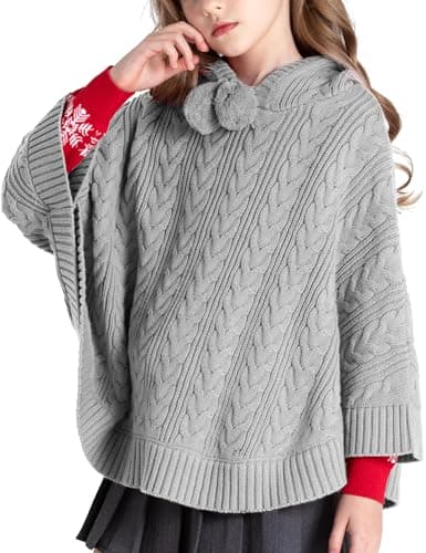 BOBOYOYO Cape for Girls Hooded Cable Knit Poncho Sweaters Kids Shawl Grey