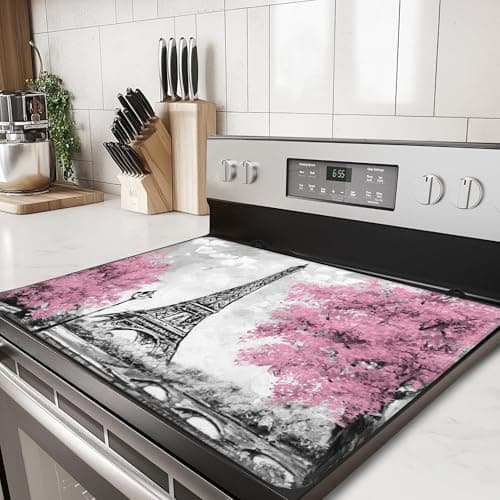 Stove Top Cover for Electric Stove,Eiffel Tower Heat Resistant Glass Cooktop Cover, Pink Cherry Blossom Multipurpose/Counter/Washer Top Protector,Dishwasher Safe Natural Rubber(28"x19.5")