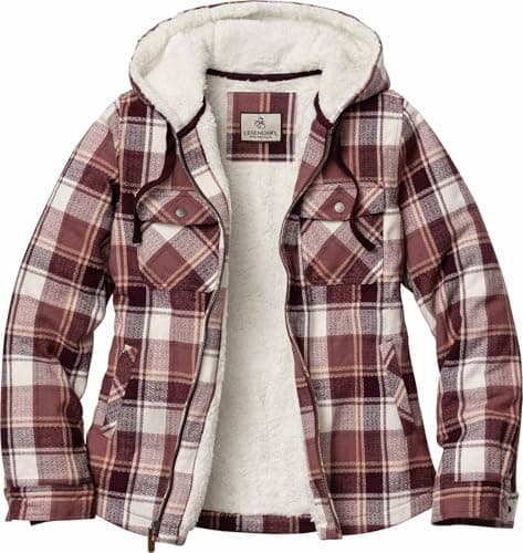 Legendary Whitetails Womens Hooded Shacket with Drawstring Hood Berber Lined Shirt Jacket, Mountain Sunset plaid, MED
