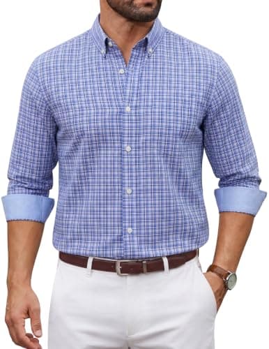 COOFANDY Men's Dress Shirts Cotton Long Sleeve Plaid Button Down Shirts