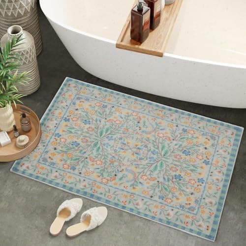 Urtlmaji Green Bathroom Rug Funny Washable Bath Mat for Bathroom Non Slip, Boho Soft Shaggy Distressed Cute Bird Floral Bath Rug for Toilet Shower Sink, 20x32 inch