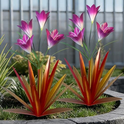 TOMBABY 32.28 Inch Metal Agave Plant Outdoor Decoration Lily Mexican Yard Art Garden Gift Home Decor Hand Painted Metal Agave Garden Yard Statue (2pc, Red)