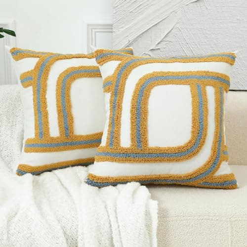 sykting Embroidered Yellow Throw Pillow Covers 18x18 Set of 2 Textured Morden Boho Cushion Covers Striped Cotton Pillow Cases for Couch Sofa Bed Living Room