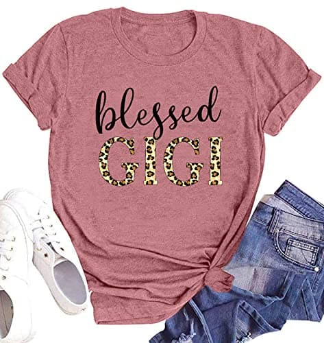 Blessed Gigi T Shirt Women Leopard Letter Print Graphic Shirt Gigi Short Sleeve Tops（Pink2, Mudium）