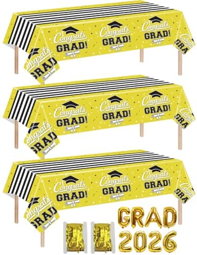 multiwins 7-Pack Graduation Party Decorations Set, 3 Yellow Graduation Tablecloths 54x108in, 2026 and Grad Balloons, 2 Foil Fringe Curtains for High School College Graduation Party Photo Booth