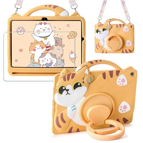 for Galaxy Tab A9 Plus 11 Inch Case Kids Girls for Samsung Tablet Cases with Screen Protector Rotating Stand Lanyard Soft Silicon Cute Cat Cover for Samsung Tab A9+ Case 11 Inch