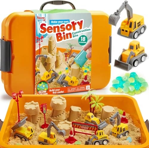 JOVA Klever Kits Construction Sensory Bin for Kids with Glow in The Dark Stones, Sandbox with Lid Castle Building kit, Preschool Learning Activities Gifts for Boys Girls Age 3+