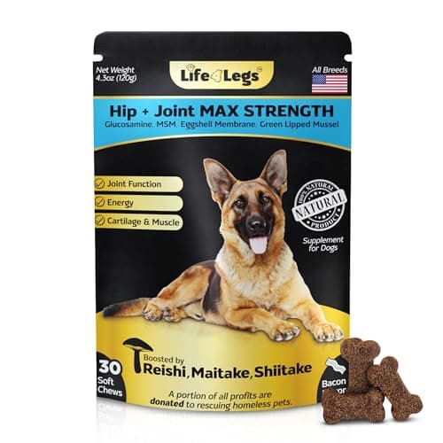 Life4Legs Premium Hip and Joint Supplement for Dogs, Glucosamine for Dogs with Chondroitin, MSM, Turmeric & Omega 3, Daily Dog Joint Supplement Soft Chews, Bacon, 30 Count