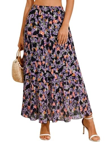 Arolina Boho Skirt for Women Summer Casual Elastic High Waist Flowy Maxi Skirt A-Line Tiered Long Skirts Travel Flower Print Black Floral