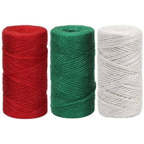 Vivifying Garden Twine String, 328 Feet x 3 Rolls 2mm Red Green White Jute Twine for Gift Wrapping, Gardening, DIY Crafts, Packing