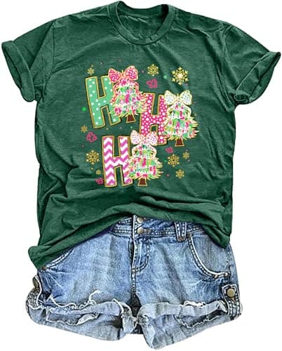 Merry Christmas T-Shirts for Women: Holly Jolly Print Shirt Casual Tee Tops