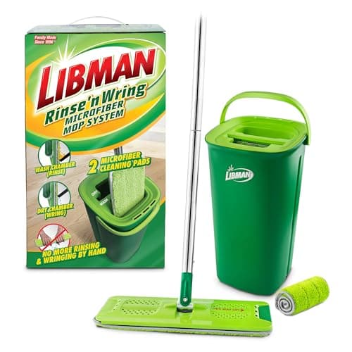 Libman Rinse 'n Wring Mop and Bucket System, Microfiber Dry Wet Mop for Floor Cleaning, Hardwood, Laminate, Tile Cleaner, Dual Chamber Bucket Design, 2 Total Refill Replacement Head Pads