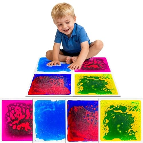 Qoytqoy Liquid Sensory Floor Tiles for Kids Ages 3+ – 11.8" Step-On Toys with Color Flow Effect & Non-Slip Base – Great for Visual Tracking, Calm Zones & Sensory Play (4-Pack)