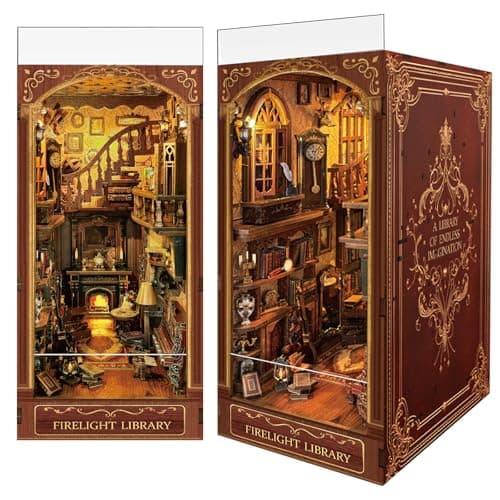 Firelight Library Book Nook, DIY Miniature House Puzzle for Magical Home Decor, 3D Bookshelf Decor for Adults and Beginners