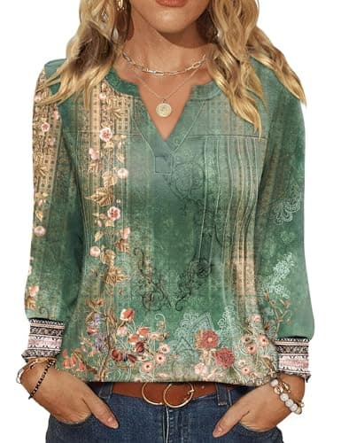 Ivicoer Womens Long Sleeve Tops Blouses for Women Dressy Casual Smocked Women's T-Shirts Womens Tops Dressy Casual Trendy L Green Floral