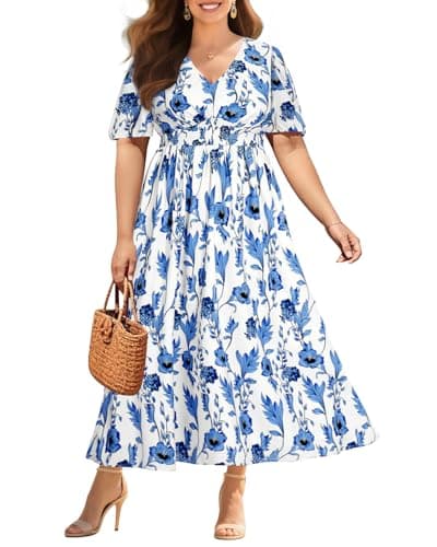 Pinup Fashion Plus Size Summer Light Blue Floral Easter Chiffon Maxi Dress