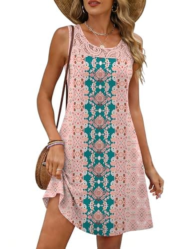ANRABESS Womens Summer Floral Dresses Lace Crew Neck Sleeveless Sundress 2026 Mini Tank Dress Beach Cover Ups with Pockets Bohemian Pink Small