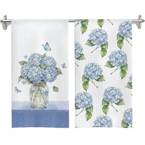 GOOZHO Hydrangea Blue Floral Butterfly Kitchen Towels, Chinoiserie Flower Dish Tea Towels for Kitchen Decor, Grandmillennial Hydrangea Flower Hand Towel for Bathroom Decor, 16x24 Inches Set of 2