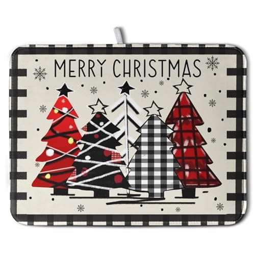 Kwlegh Christmas Trees Kitchen Dish Drying Mat 18x24 Inch Merry Christmas Black White Buffalo Plaid Dish Drainer Mat Absorbent Reversible Microfibe Drying Dish Pad for Winter Kitchen Counter Decor