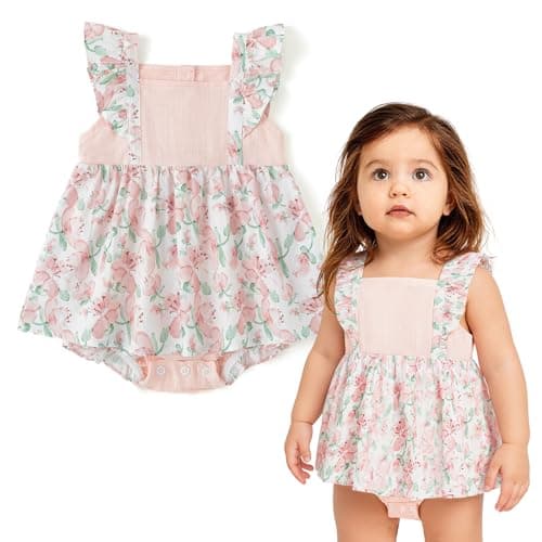 Simplee kids Baby Girl Romper Dress, Sleeveless Floral Ruffle, Pink, 12M