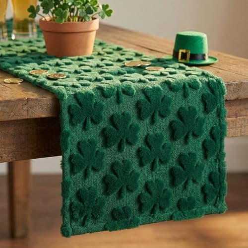 St Patricks Day Table Runner Shamrock Soft Plush Faux Fur Jacquard Spring Irish Holiday Green Kitchen Dining Tabletop Decoration for Home Party Decor 13 x 72 Inch