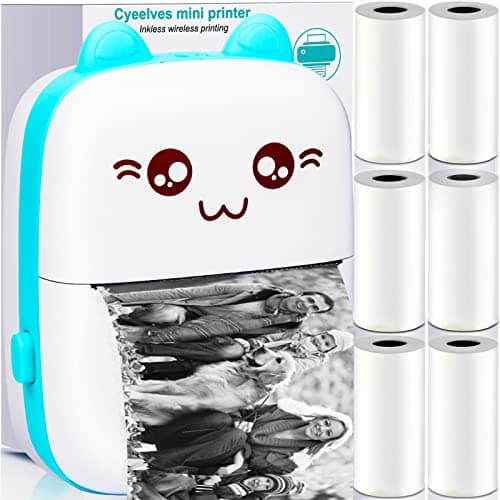 Cyeelves Mini Printer Portable, Pocket Thermal with 6 Rolls Paper Compatible iOS Android, Bluetooth Wireless Smart for Photo Picture Office Receipt QR Code Label List Note Inkless Printing