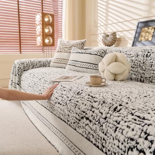 ROOMLIFE Thicked Striped Boho Black Couch Cover for 2-3 Cushion Sofa, Fuzzy Plush Warm Sofa Slipcovers Sectional Sofas Covers, Non Slip Washable Furniture Protector Soft with Tassel,Winter 71''X118”