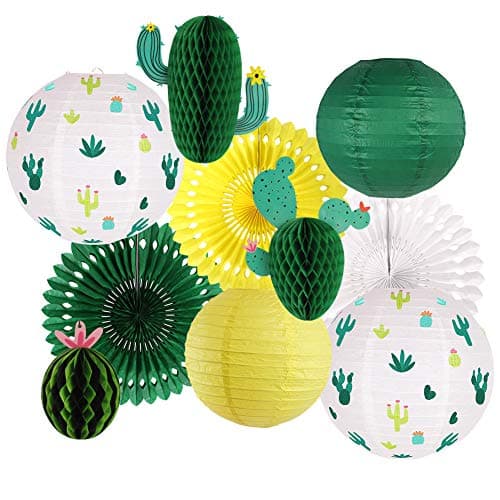 zilue Cactus Party Decorations, Hawaiian Party Supplies Tropical Hanging Paper Lanterns Cactus Honeycomb Tissue Paper Fans for Llama Birthday Luau Party Decorations (Green)