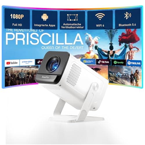 [Officially-Licensed App & Manual Focus] Ivory White Smart Mini Projector with WiFi and Bluetooth, Full HD 1080P Support, XuanPad Movie Projector, Portable Outdoor Projector with 210° Stand