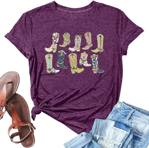 Cowboys Boots Shirts Women Long Live Western Vintage Cowgirl Graphic Tees Funny Letter Print Country Music Tshirt Purple XXL