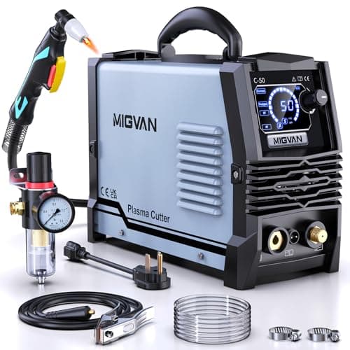 50Amps Plasma Cutter, Large LED Screen Display, MIGVAN Cutter Machine 110/220V Dual Voltage, 1/2" Cut DC IGBT Inverter, Post Flow 2T/4T Metal Cutting Machine with Torch & Tips for Beginners Home DIY