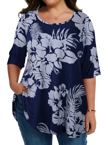 LARACE Elbow Sleeve Plus Size Tops for Women Round Neck Women's Half Sleeves Tunic Spring Summer Fall Clothes Shirts Blouse (A-Blue50 M)