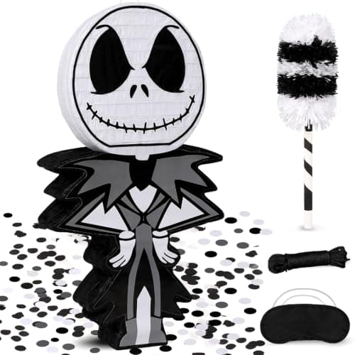 Halloween Skeleton Piñata Set - Spooky Black and White Character with Hitting Stick, Blindfold & Confetti - Complete Party Game Kit for Goth Birthday, Trick or Treat & Holiday Decorations
