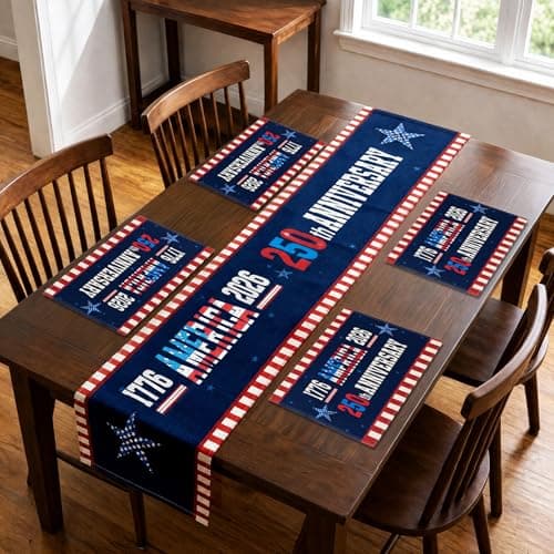 ACOCO 4th of July Table Runner and Placemats Set of 5, 1776-2026 Patriotic Red White and Blue Decoration for 250th Anniversary Memorial Day Independence Day American Holiday Kitchen Room Party Decor